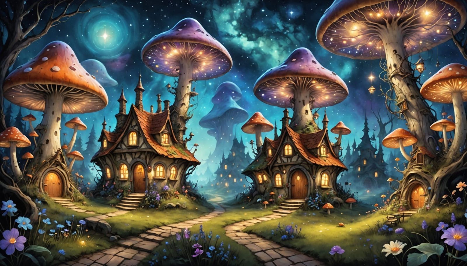 Fairy Village Under Starry Galaxy, Watercolor