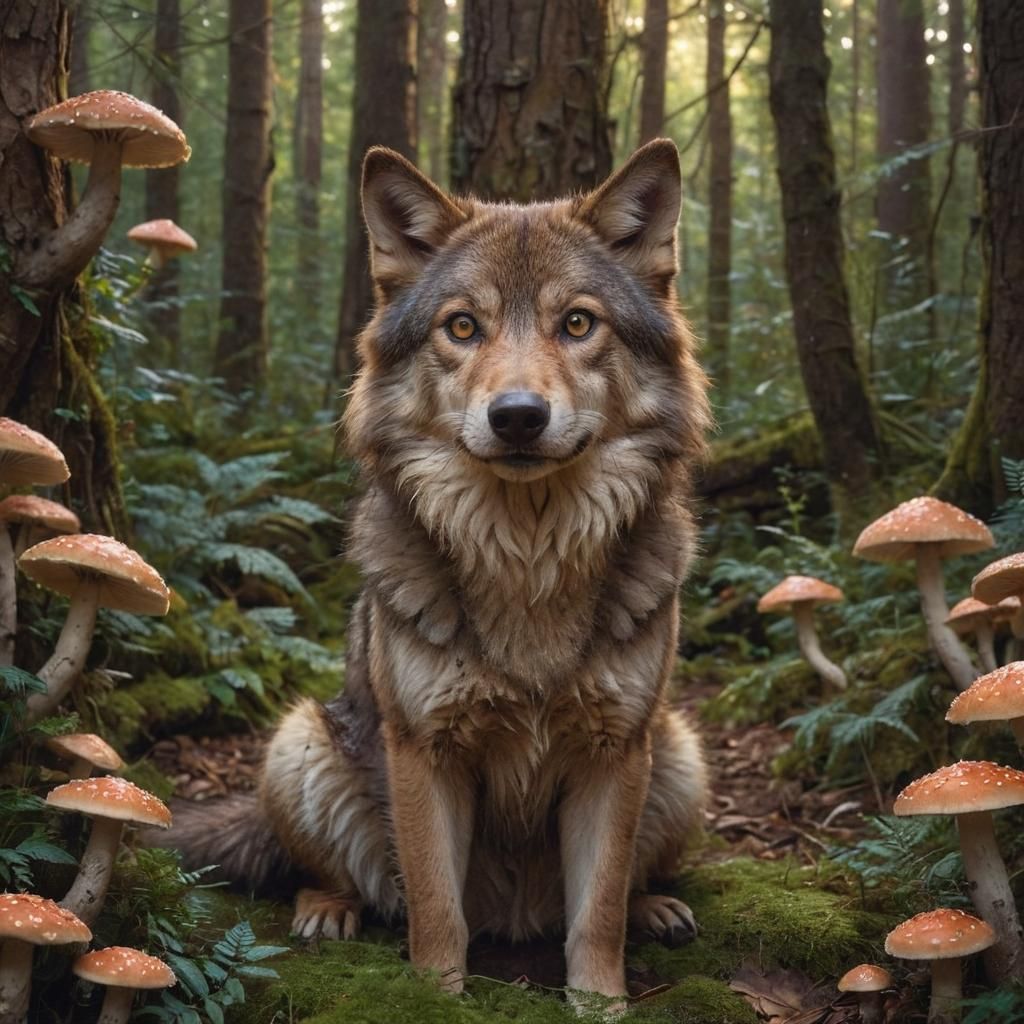 Enchanting Fluffy Wolf Portrait in Mystical Forest