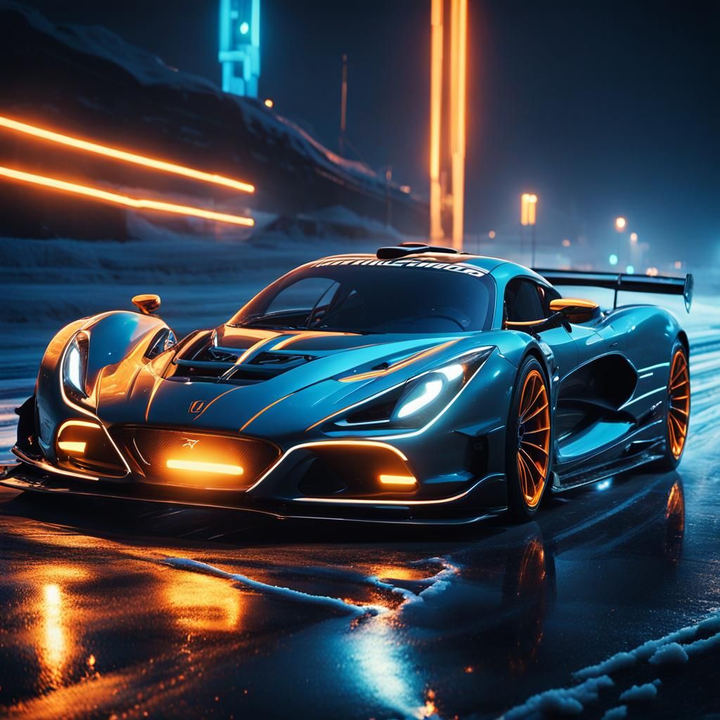 Venom F5 Races on Ice in Cyberpunk Anime Style