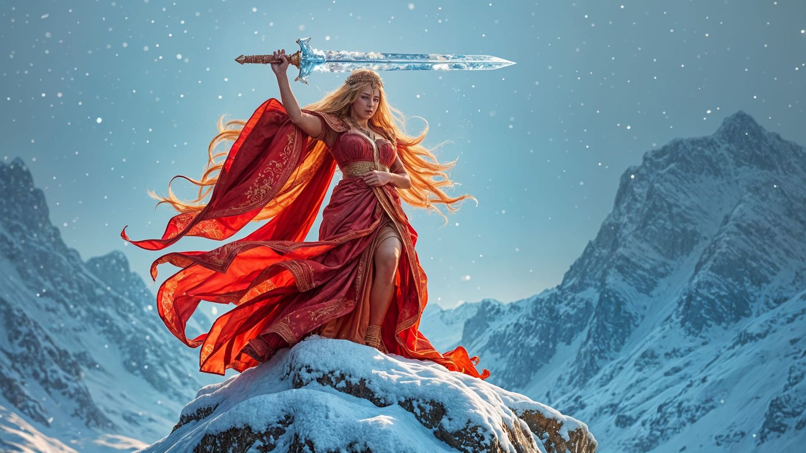 Fire Goddess Wields Iced Water Sword in Snowy Mountains