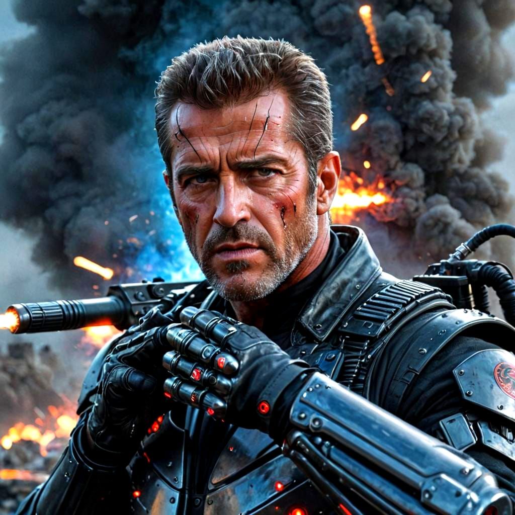 Mel Gibson as T-800 Terminator: Hyperrealistic Portrait