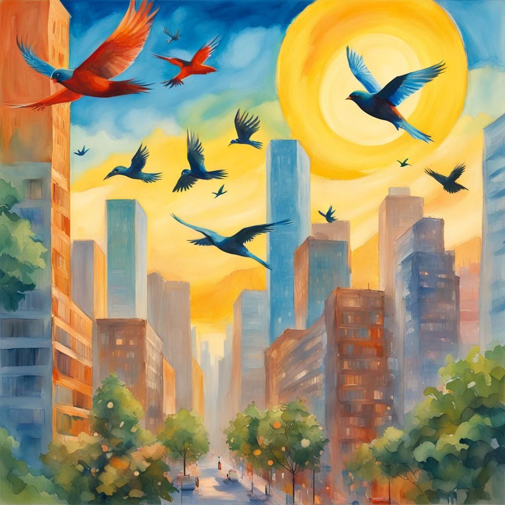 Utopian Cityscape with Greenery in Gouache Style