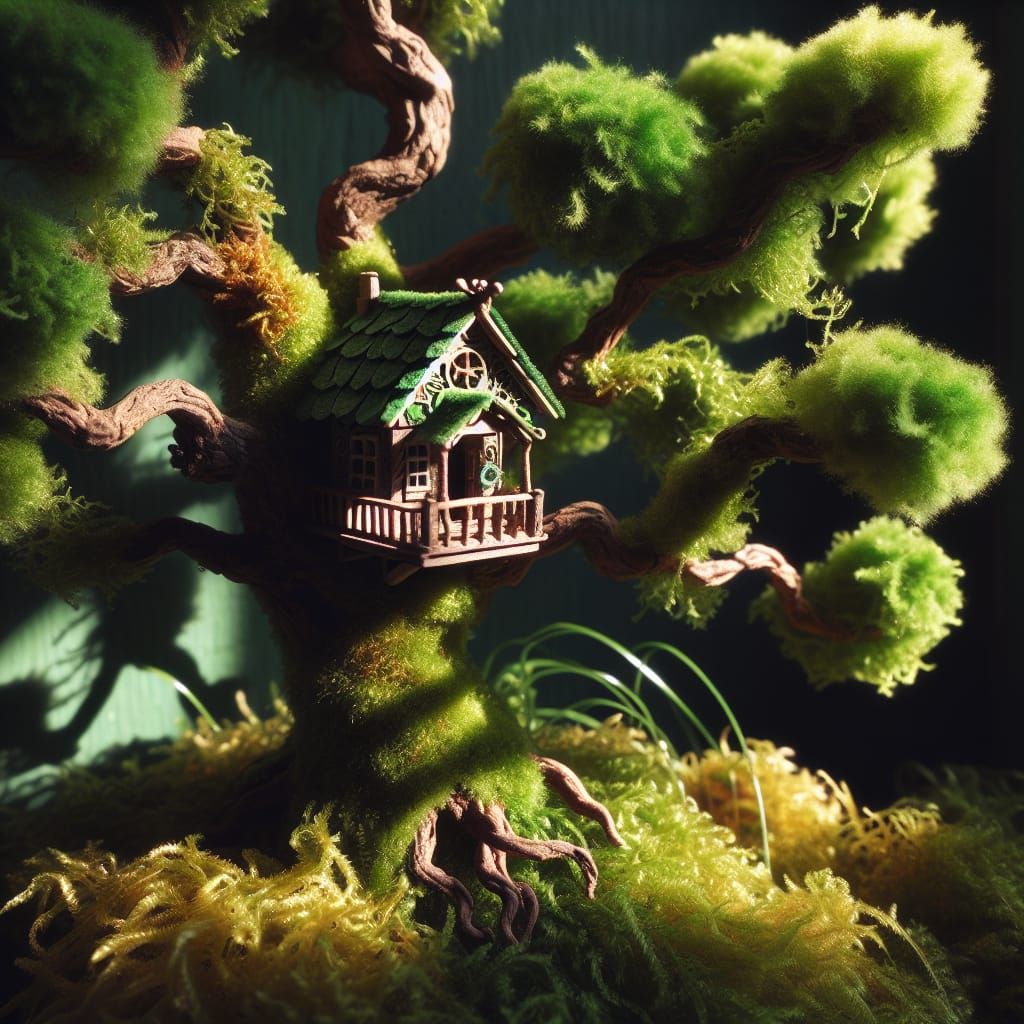 Charming Miniature Treehouse Cloaked in Moss