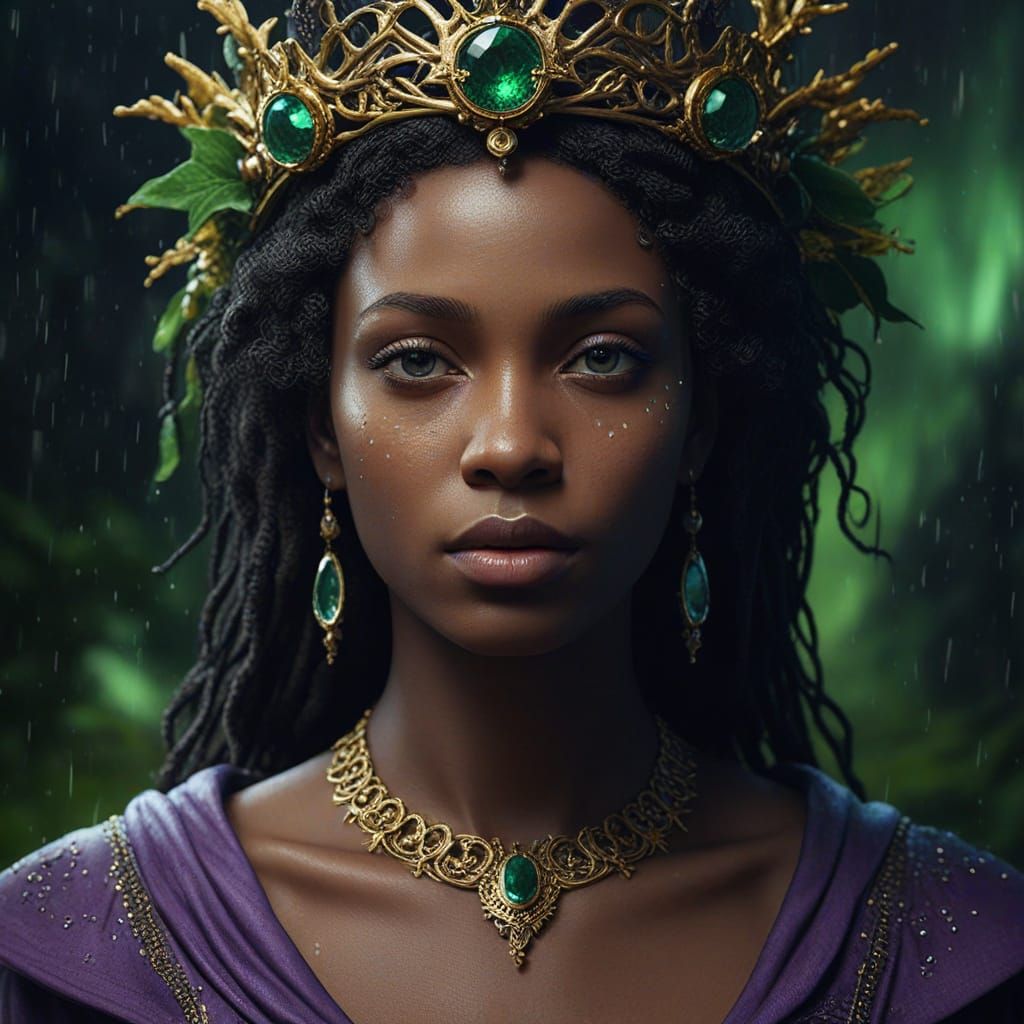 African Fantasy Portrait with Golden Crown and Emerald Glow
