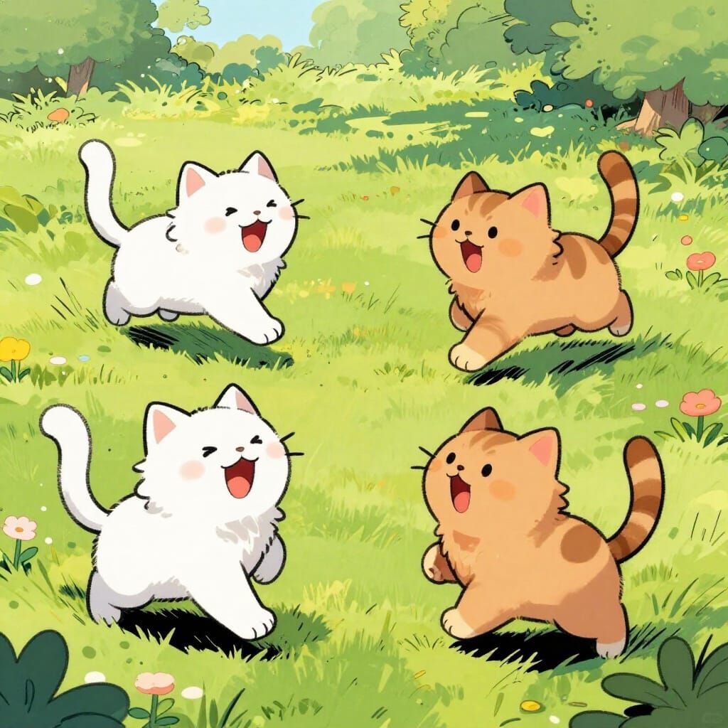 Four Fluffy Cats Play Joyfully in a Sunny Park