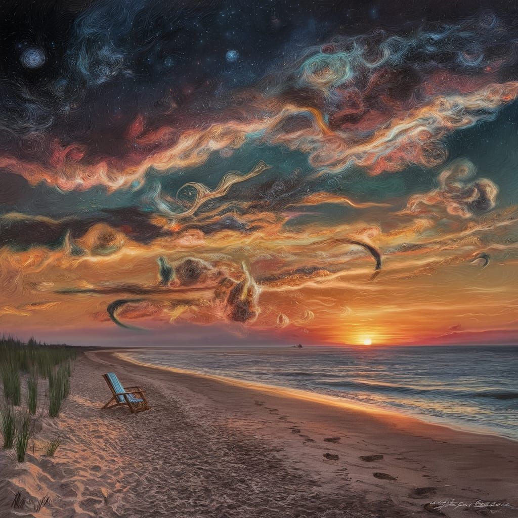 Cosmic sunset over the beach art by WLOP Zdzisław Beksiński