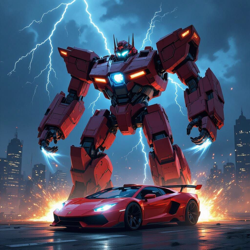 Red Sports Car Transforms Into Robot in Dystopian City