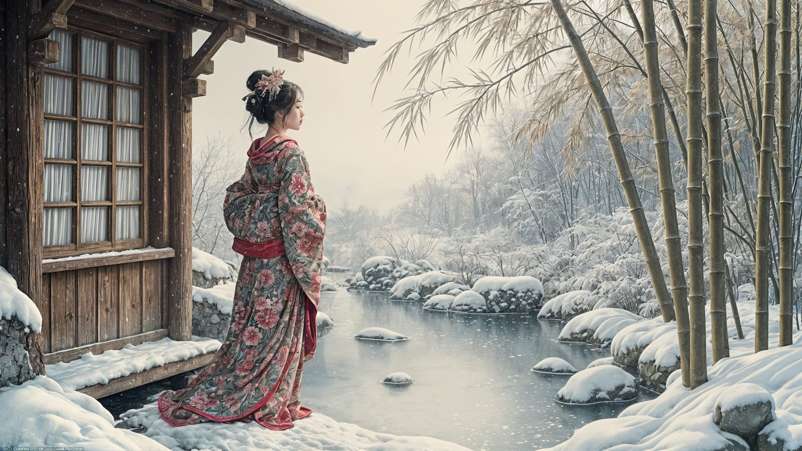 Geisha at Chalet Window in Snow, Lithographic Style