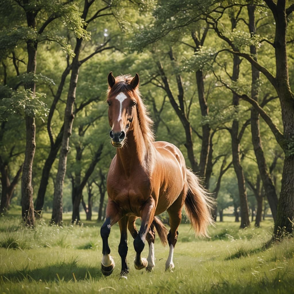 Horse Running Freely in Lush Green Meadow