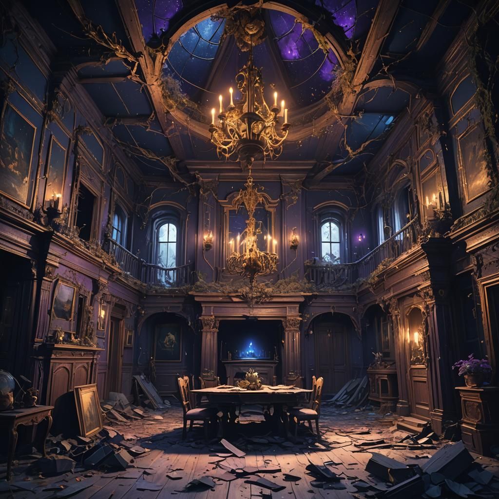 Eerie Collapsed House Interior at Night: Fantasy Art