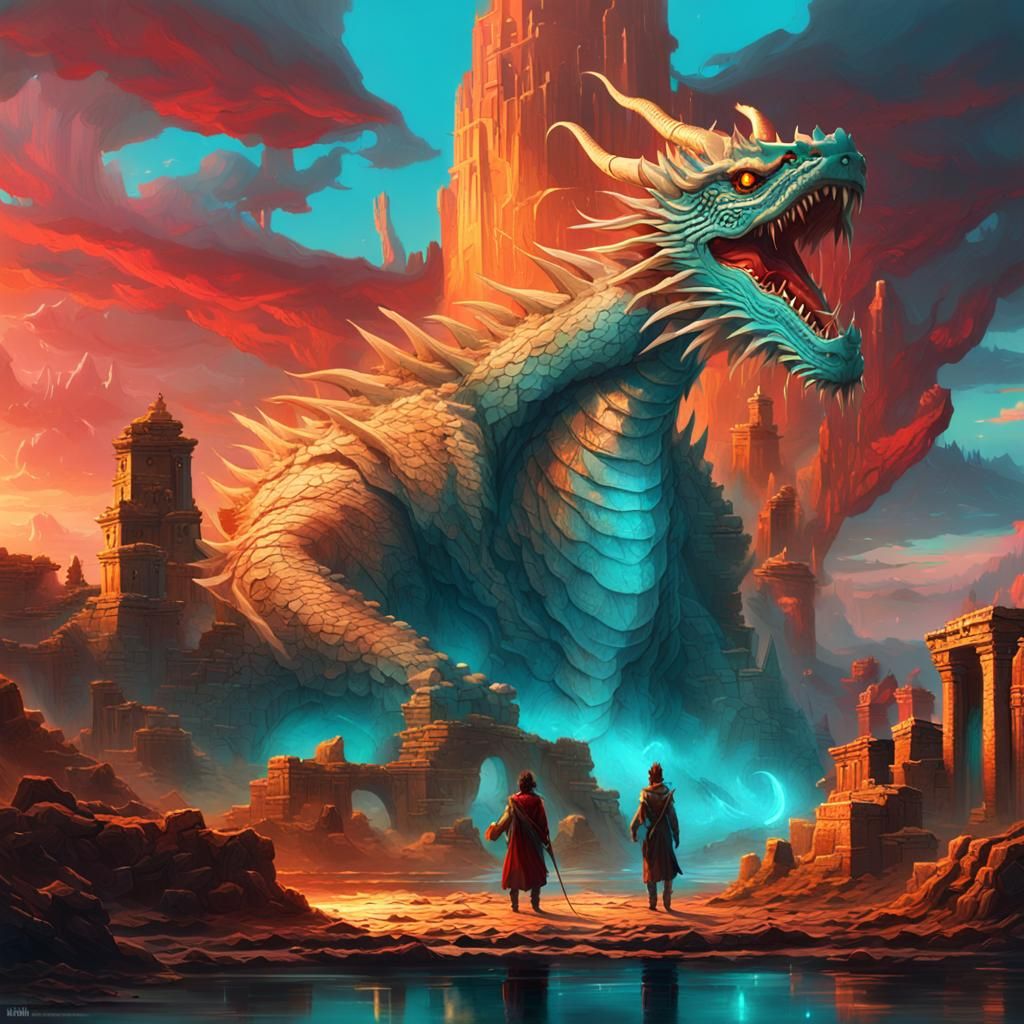 Dragon and Avatar in Ancient Ruins: Fantasy Concept Art