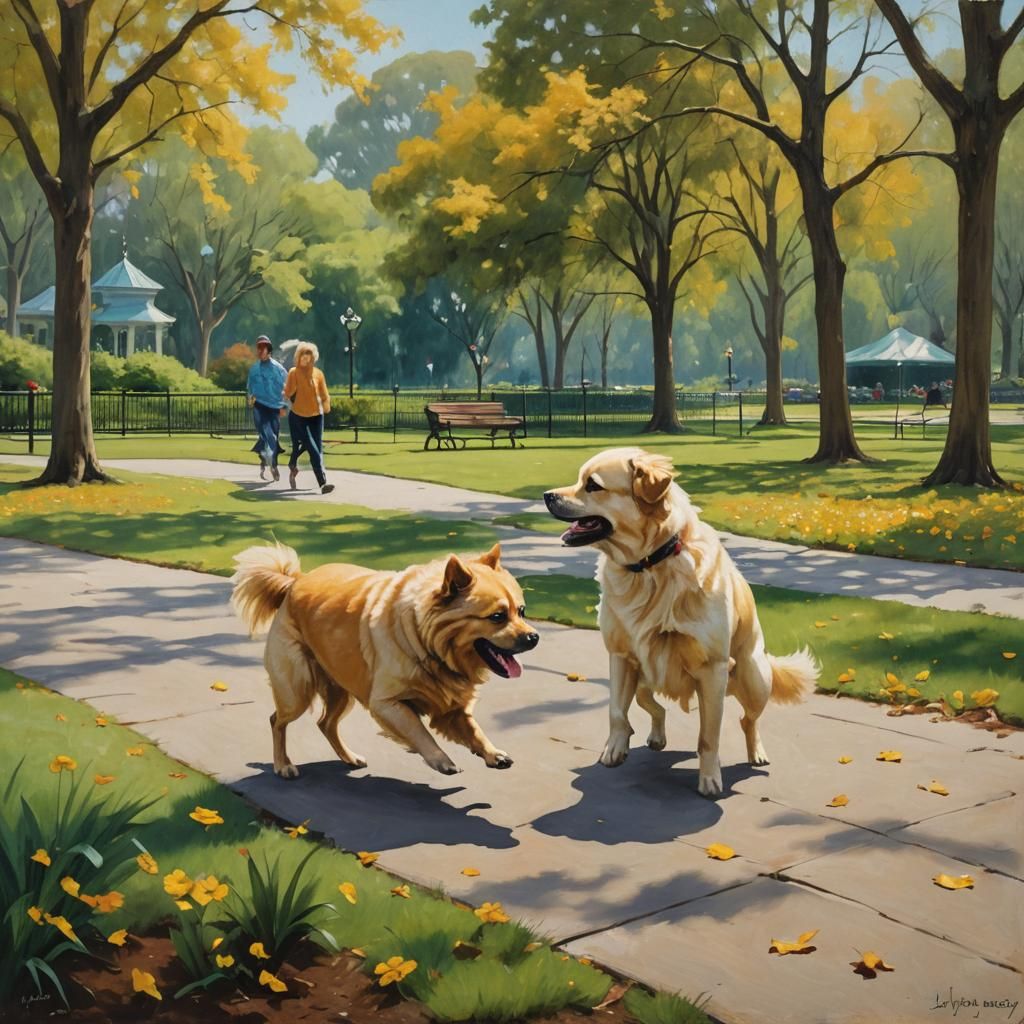 Dogs Play in Park: Oil Painting