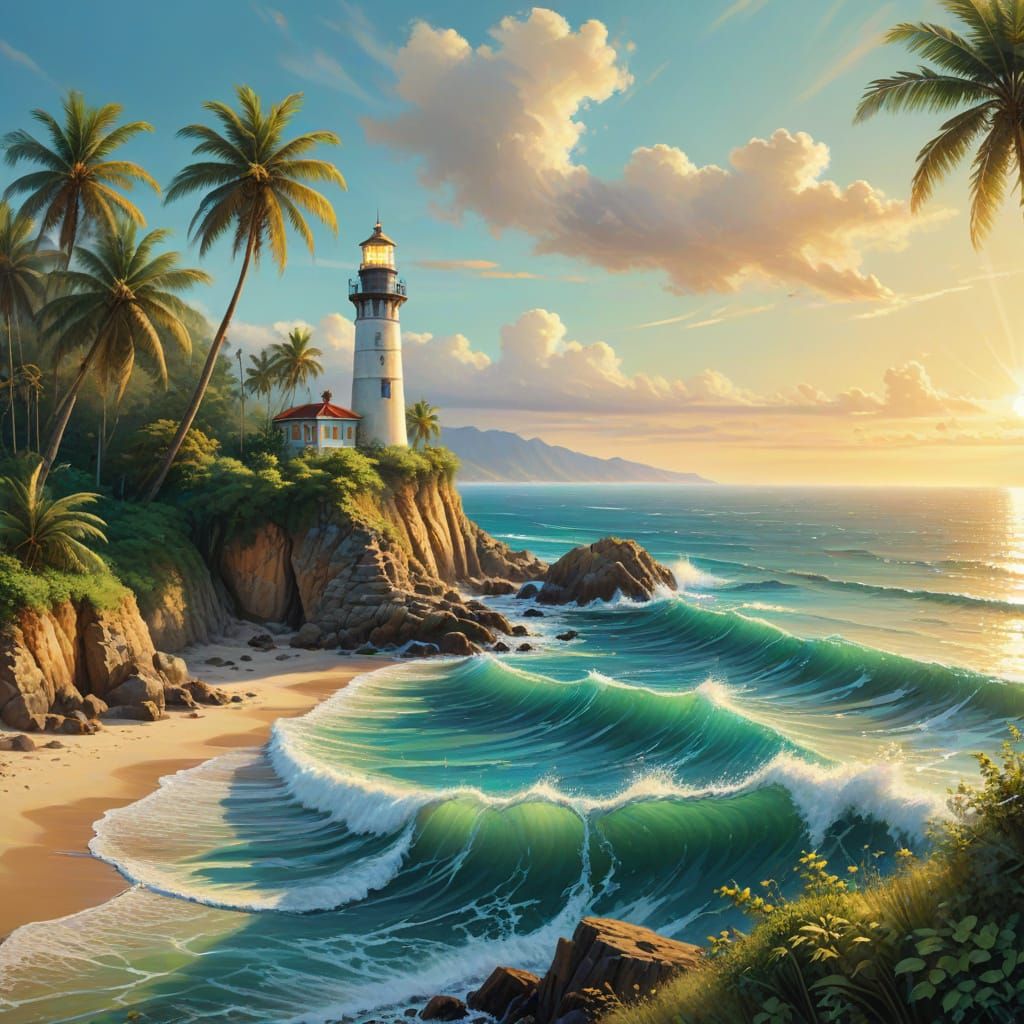 Tropical Lighthouse on Cliff in Impressionist Style
