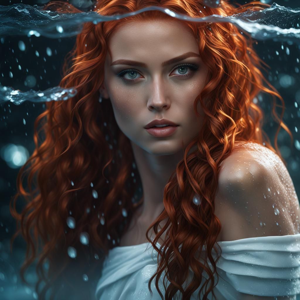 Sensual Redhead in Rain: Detailed Matte Painting