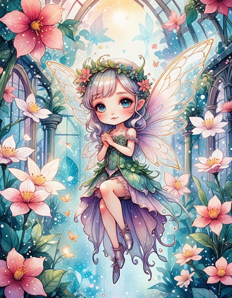 Chibi Fairy in Bioluminescent Greenhouse Illustration