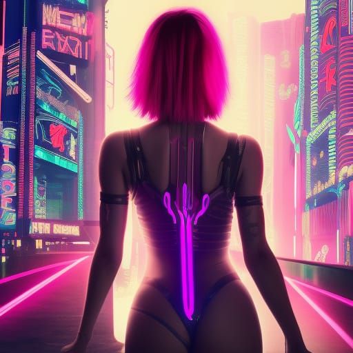 Cyberpunk Girl with Neon Wings and Glowing Hair
