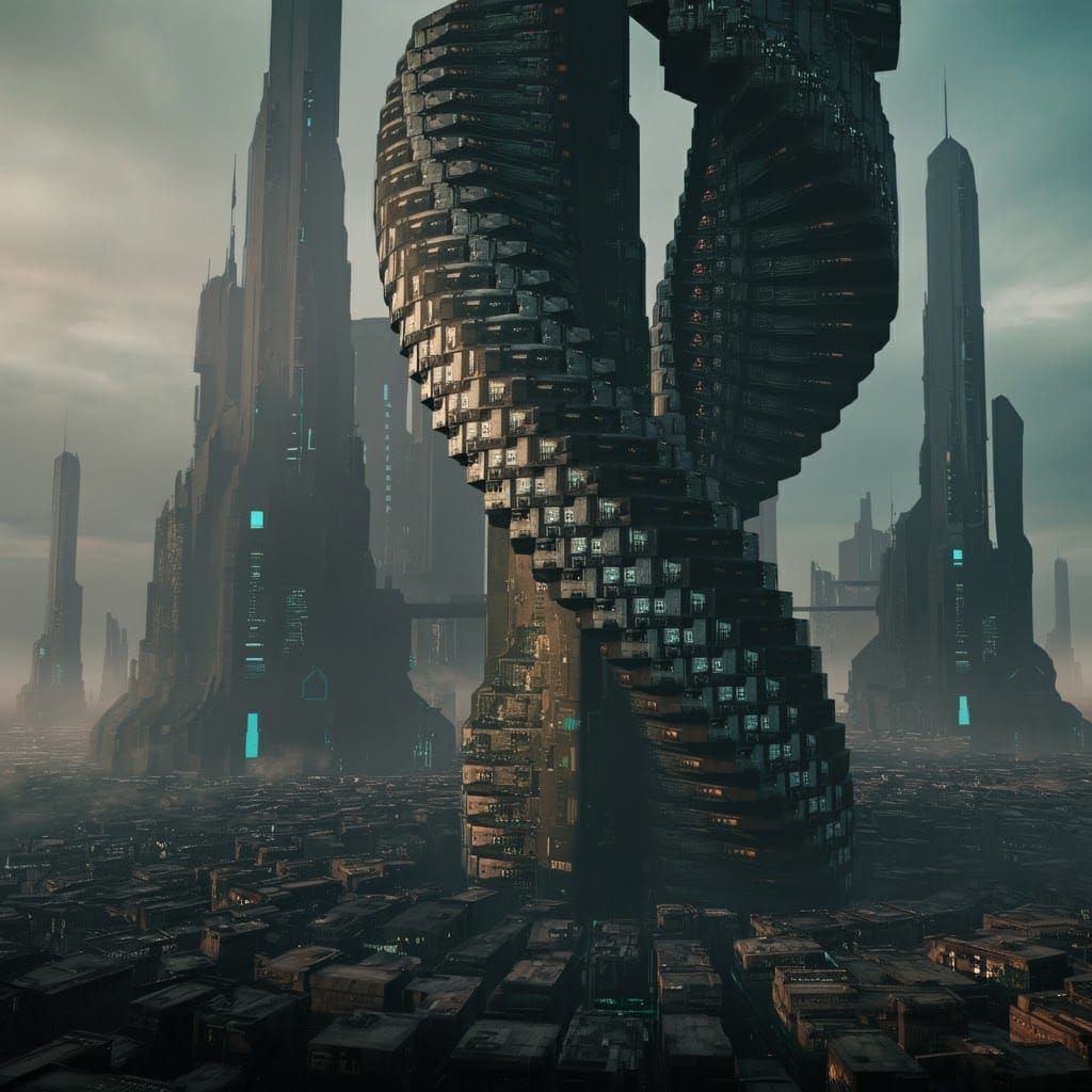 Cyberpunk Megacity: Double Helix Towers in Neon Twilight