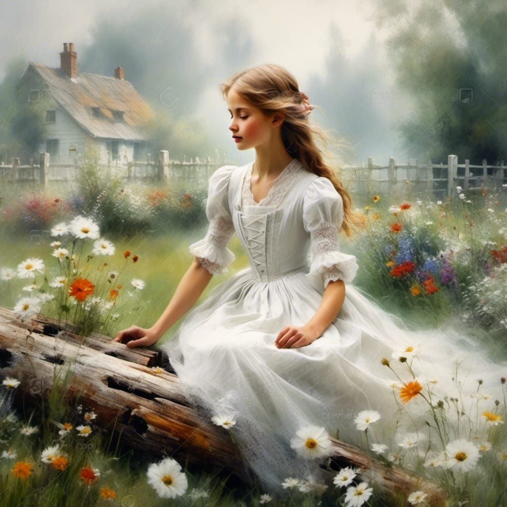 Girl on Log Surrounded by Flowers and Mist