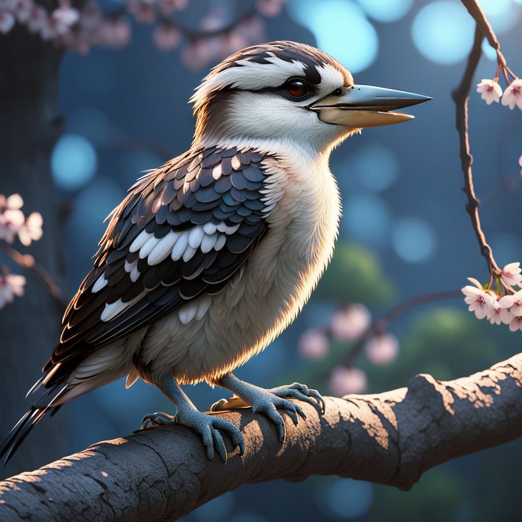 Kookaburra Bird Under Cherry Blossoms in Hyperreal Detail