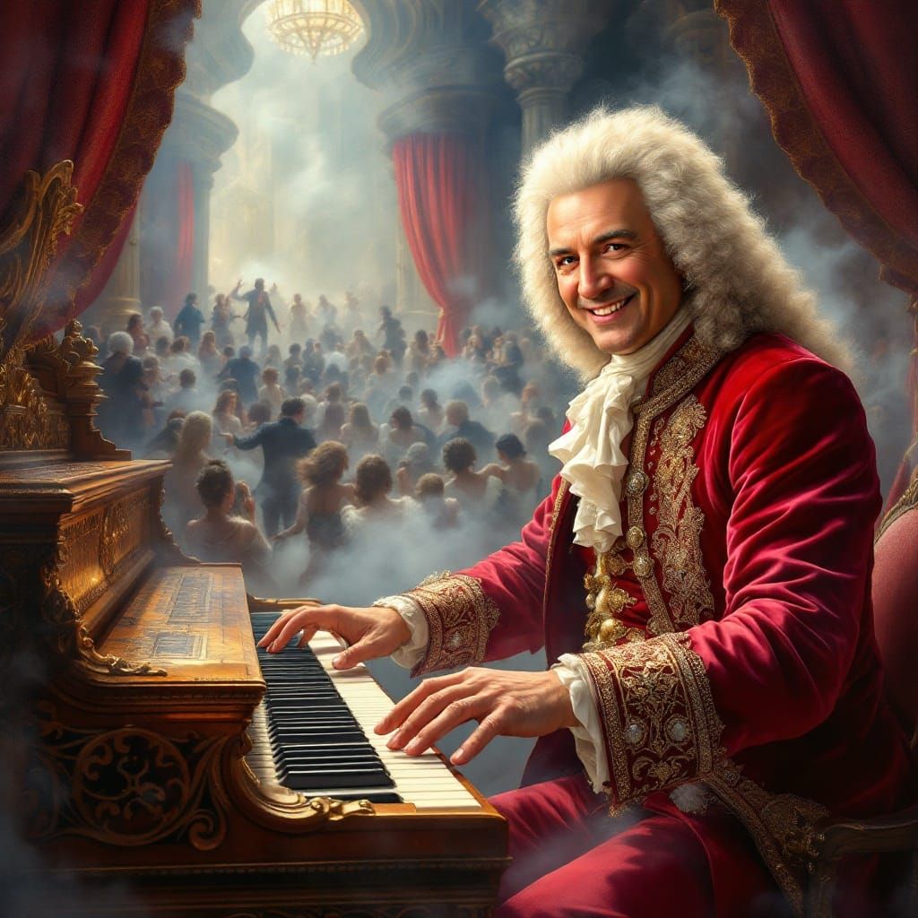 Baroque Musician Plays Harpsichord in Elaborate Fantasy Thea...