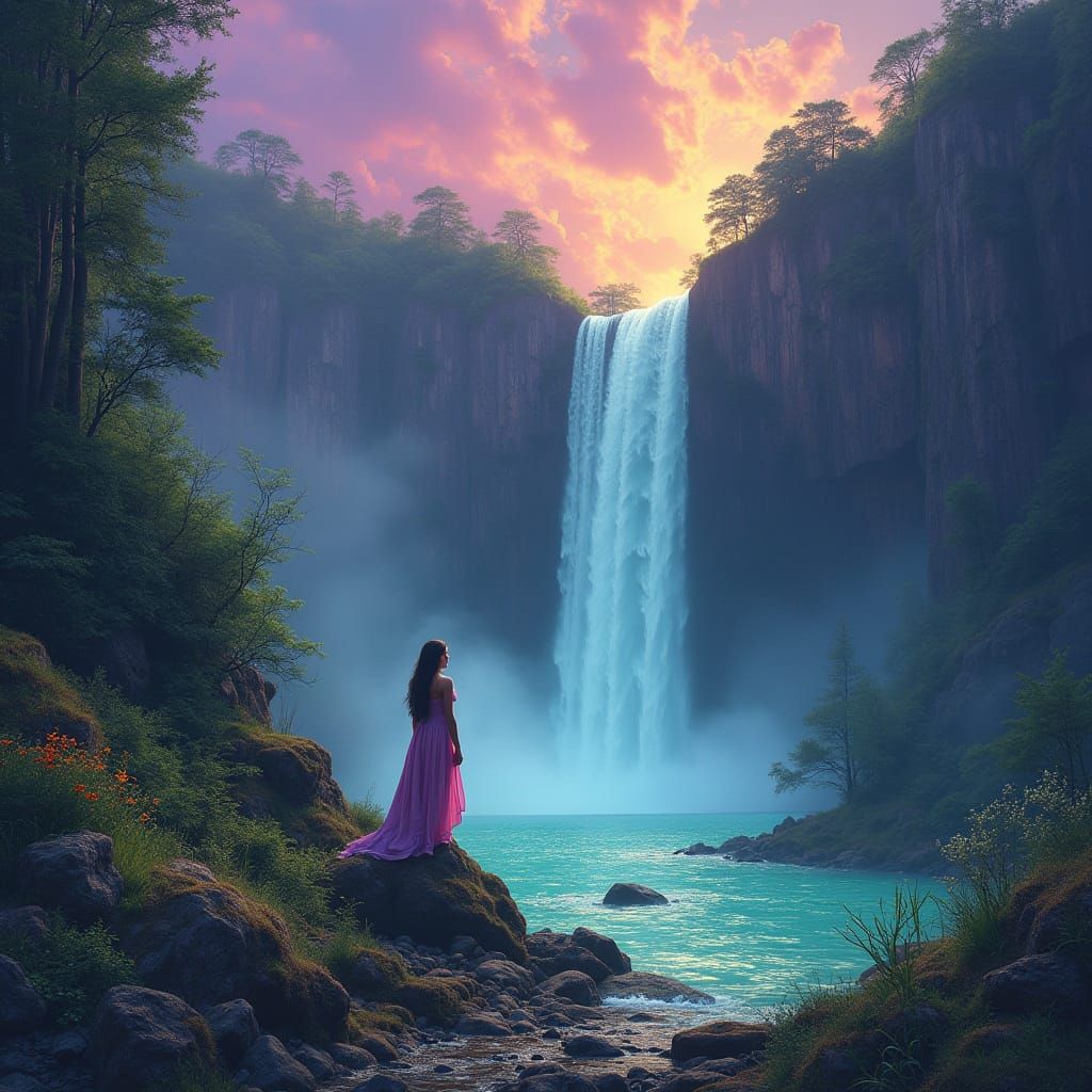 Woman by Turquoise Waterfall in Art Nouveau Style