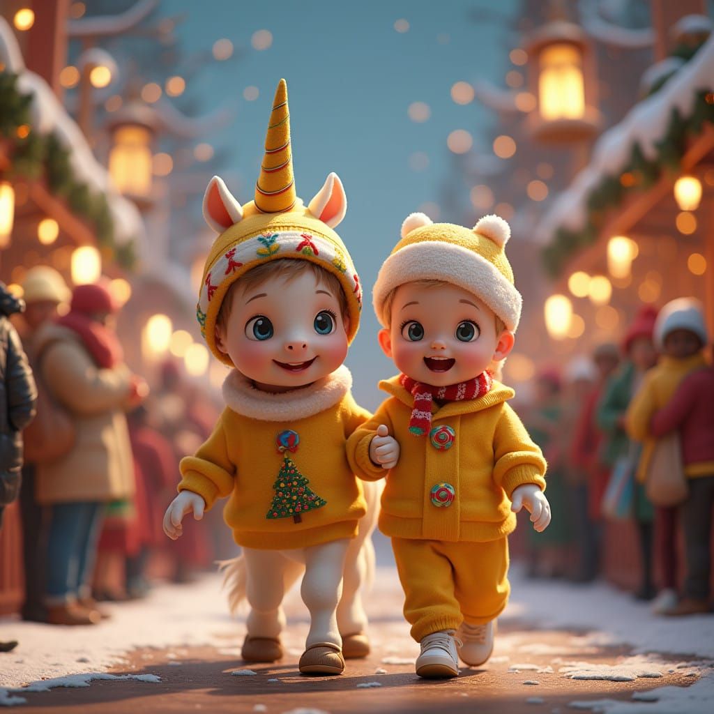 Whimsical Christmas Scene with Baby Boy and Unicorn in Vibra...