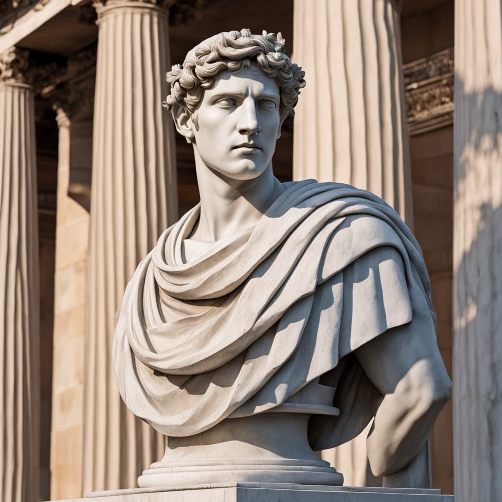 Classical Greek Youth in Elegant Attire, Set Amidst a Temple