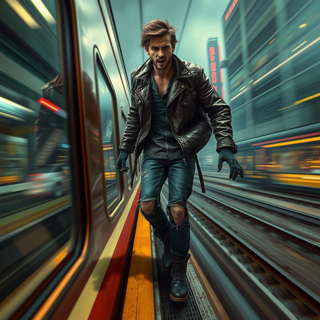 Frantic Figure on Speeding Train in Cyberpunk Style