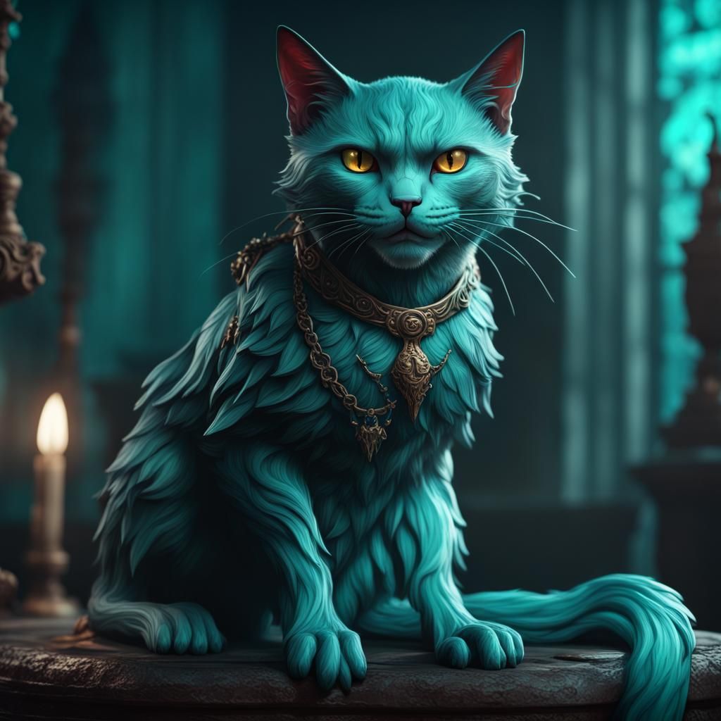 Detailed Teal Cat Vampire Fantasy Concept Art