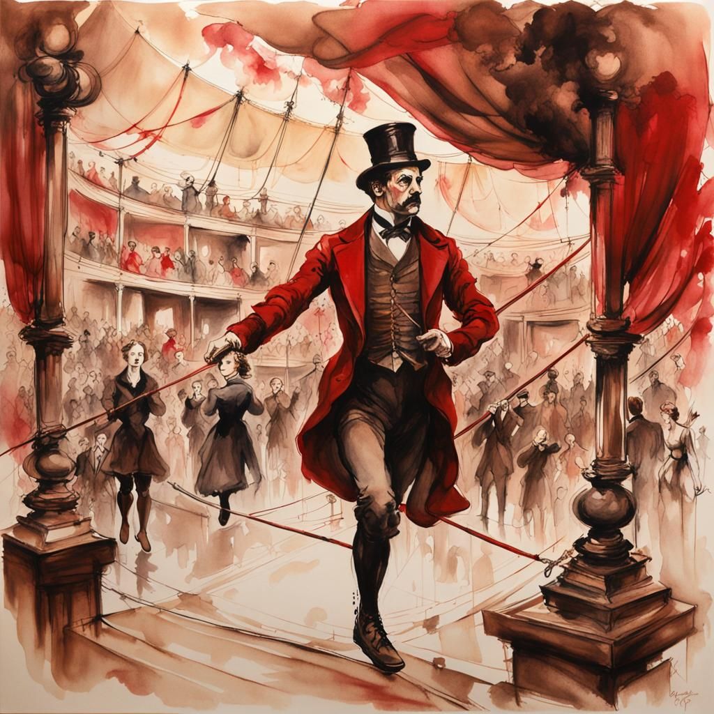 Circus Tightrope Walker in Ink Wash Style