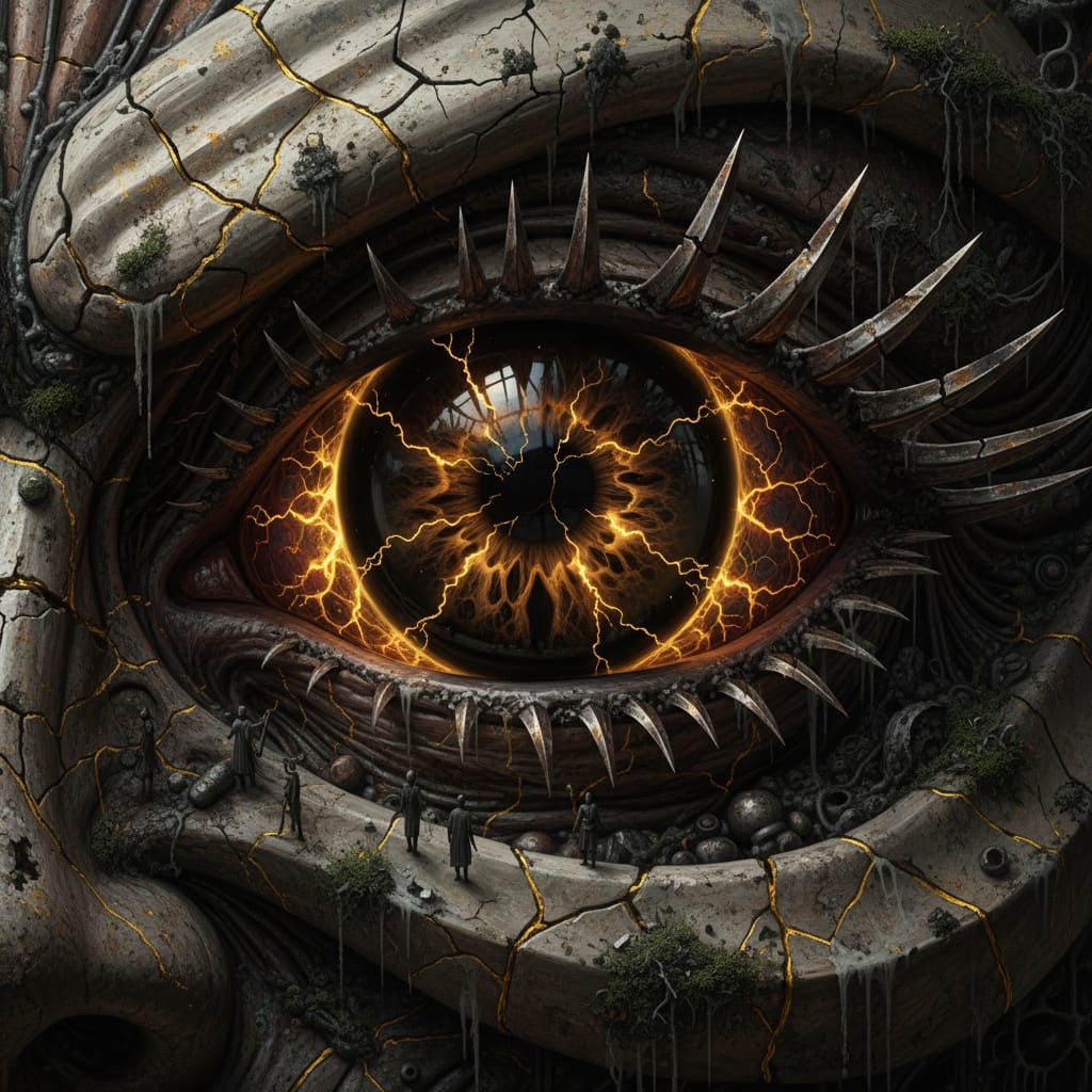 Founding Titan's Biomechanical Eye in Apocalyptic Surrealism