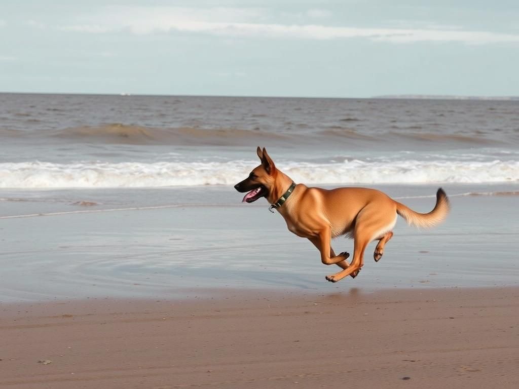 Belgian Malinois Runs on Beach in Dreamy Landscape