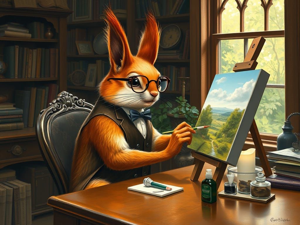 Squirrel Artist Painting a Landscape, in Oil Painting Style