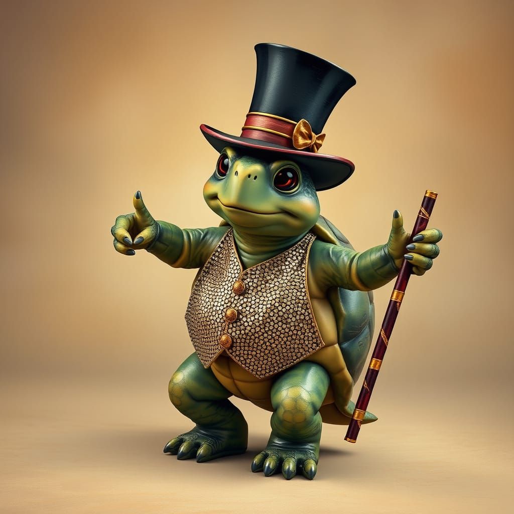 Dancing turtle with top hat and cane with sparkly vest