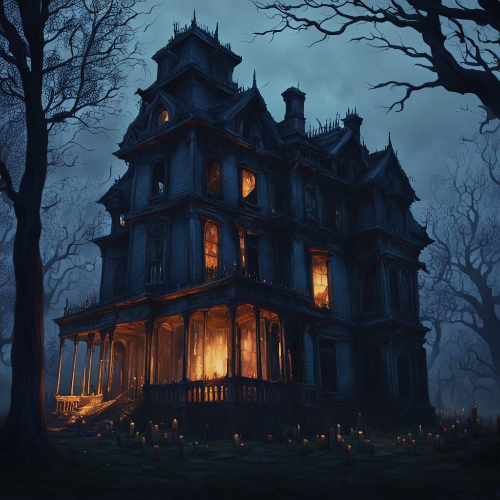 Eerie Haunted House in Darkness: Oil Painting