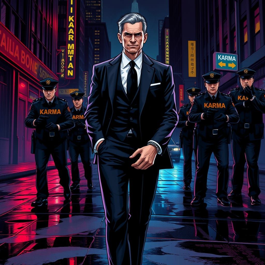 Noir Comic: Karma Police in Gritty Cityscape