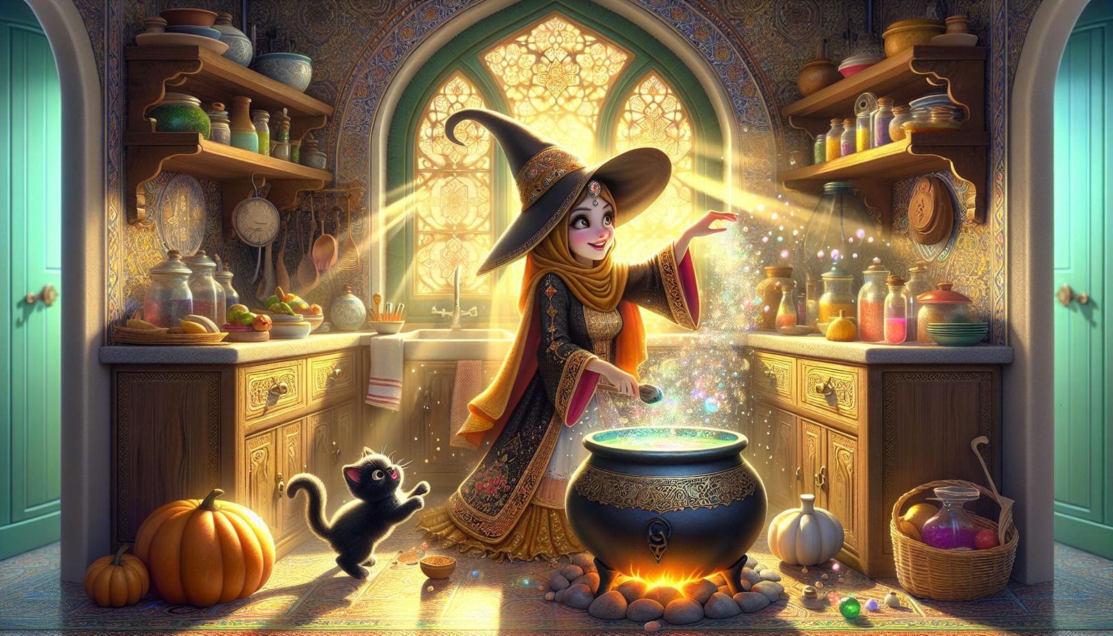 Charming Witch Making Potion in Quaint Kitchen