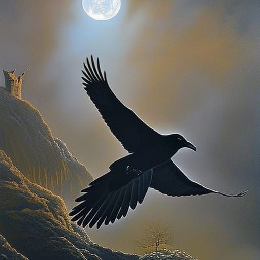 Raven in Flight: A Beksiński-Inspired Painting