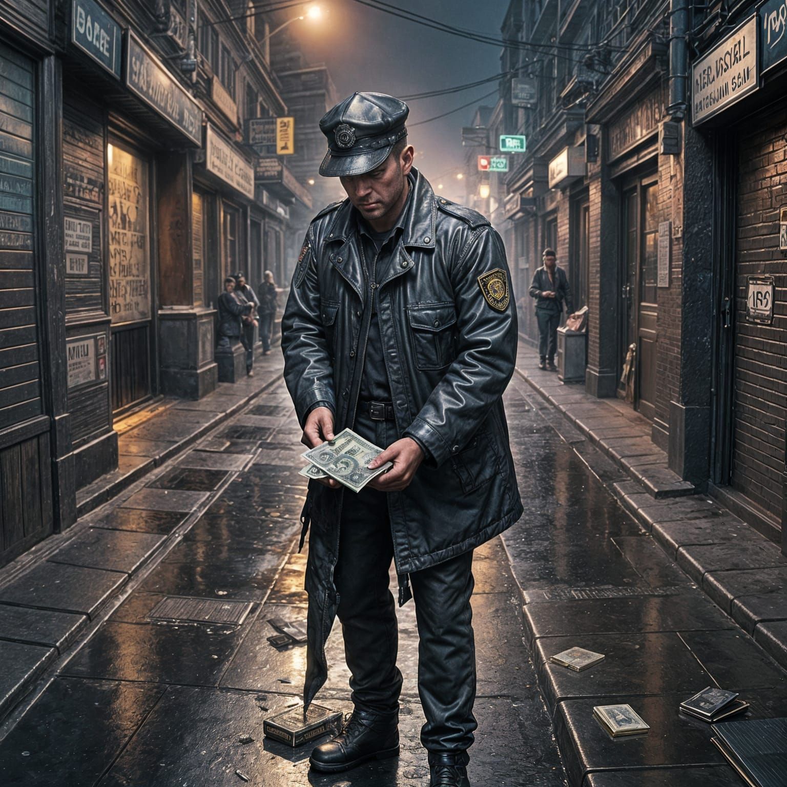 Corrupt Cop Bribe Scene in Hyperrealistic Style