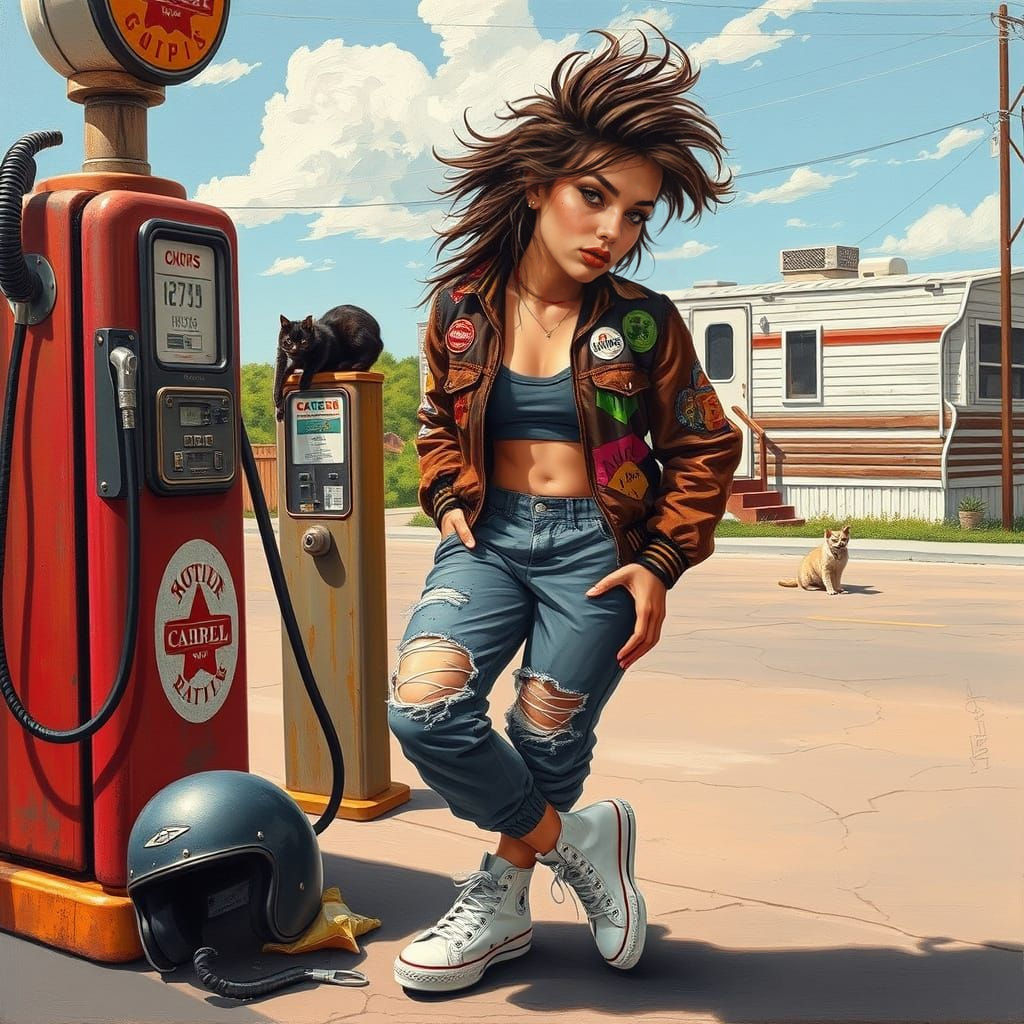 Gritty Oil Painting of a Sassy Young Woman in a Gritty Gas S...