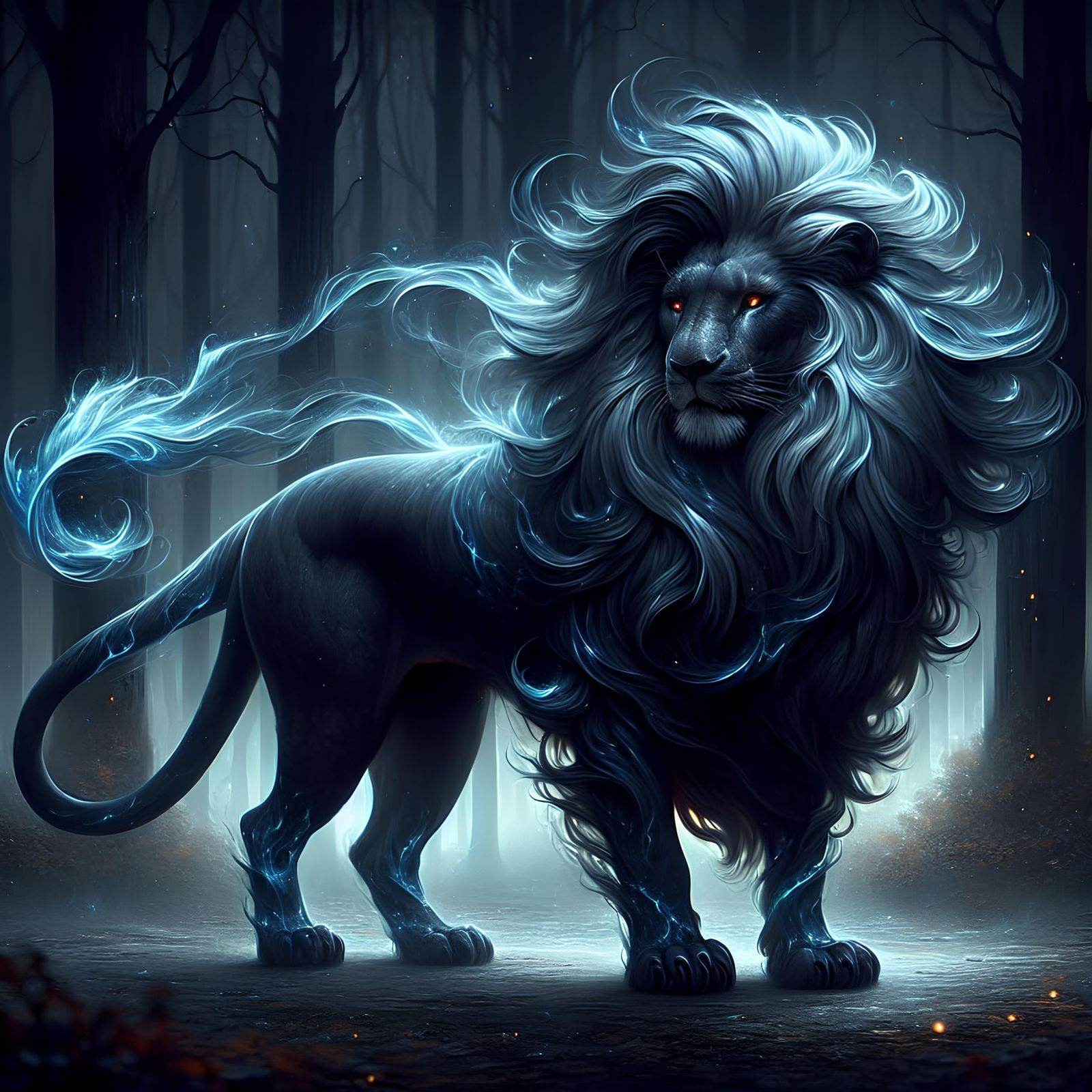 Majestic Obsidian Lion in Moonlit Glade