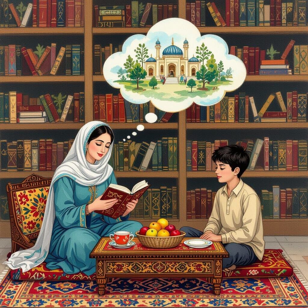 Persian Miniature Painting of Woman Reading to Boy