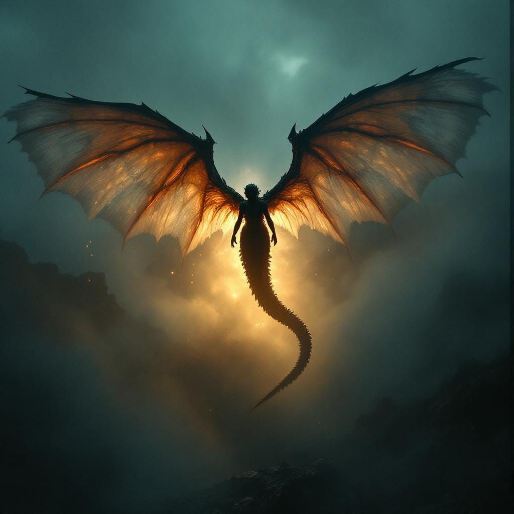 Godzilla Fairy Soaring Through Misty Skies