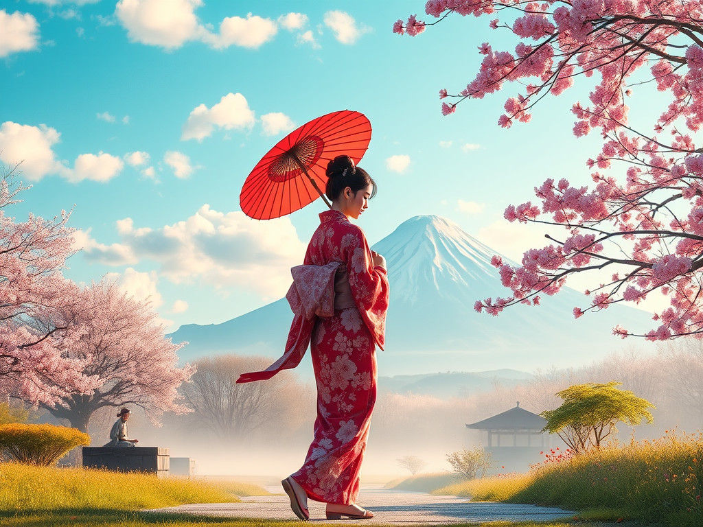 Japanese Maiden Walks at Dawn: Watercolor Painting