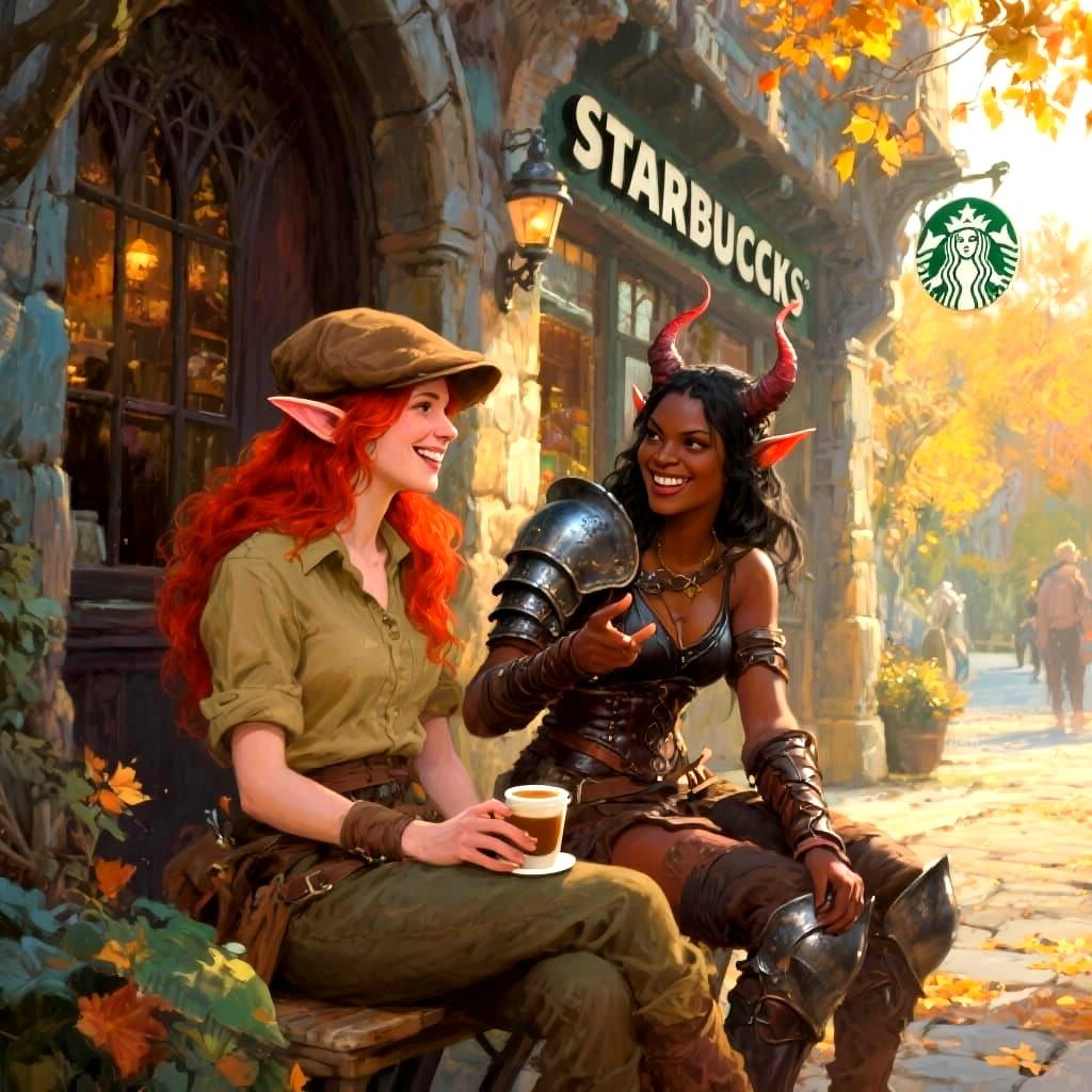 Fantasy Creatures Enjoy Coffee in Autumn Light