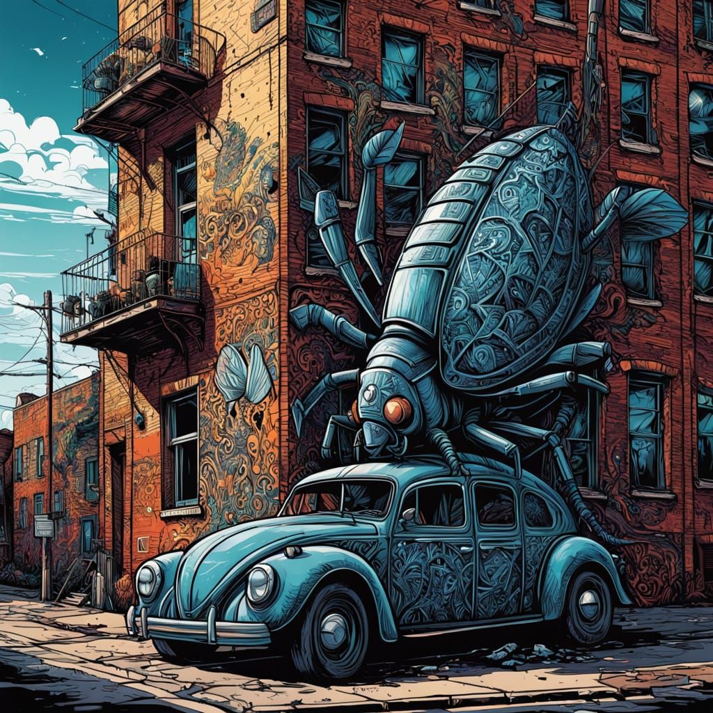 Giant Cockroach Paints Zentangle Art on Graffiti Building