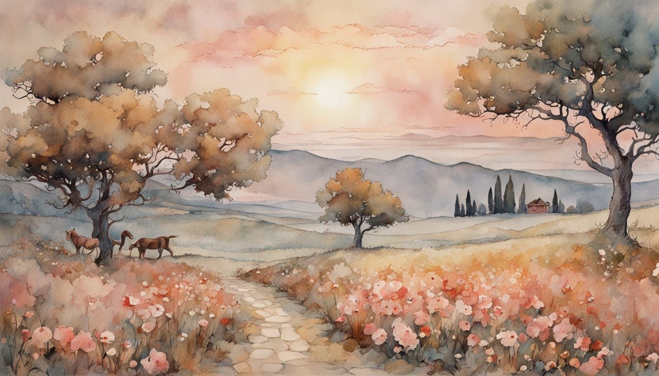 Dreamy Watercolor Landscape in Storybook Style