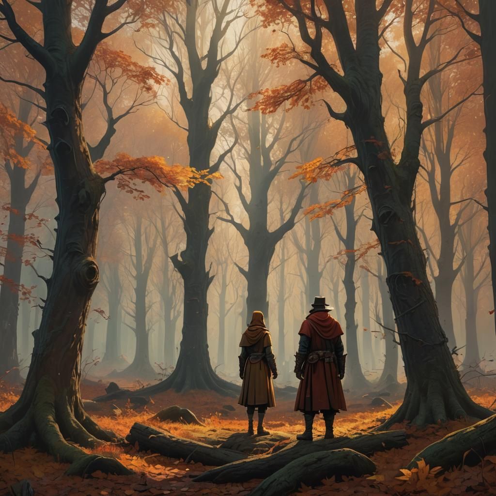 Autumnal Figure at Forest Edge: Fantasy Art