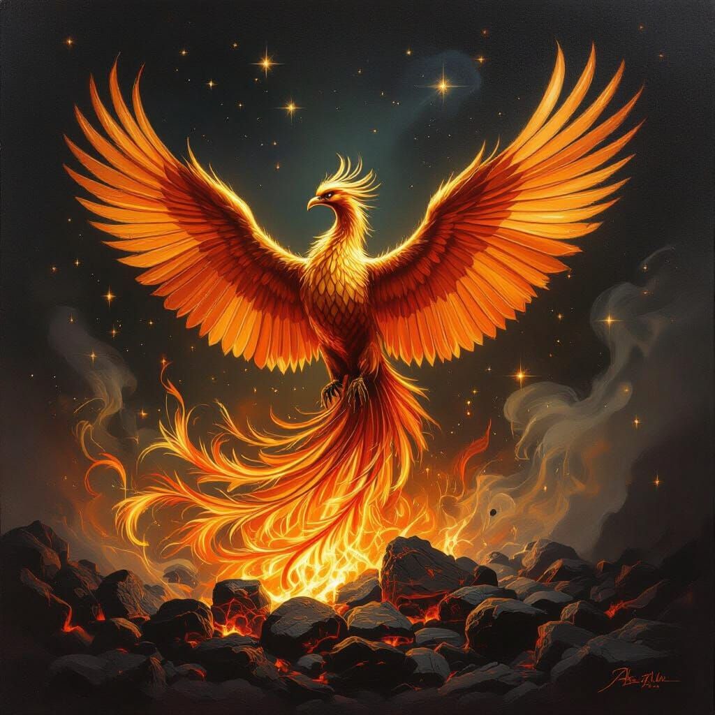 Majestic Phoenix Rising: A Baroque Oil Painting