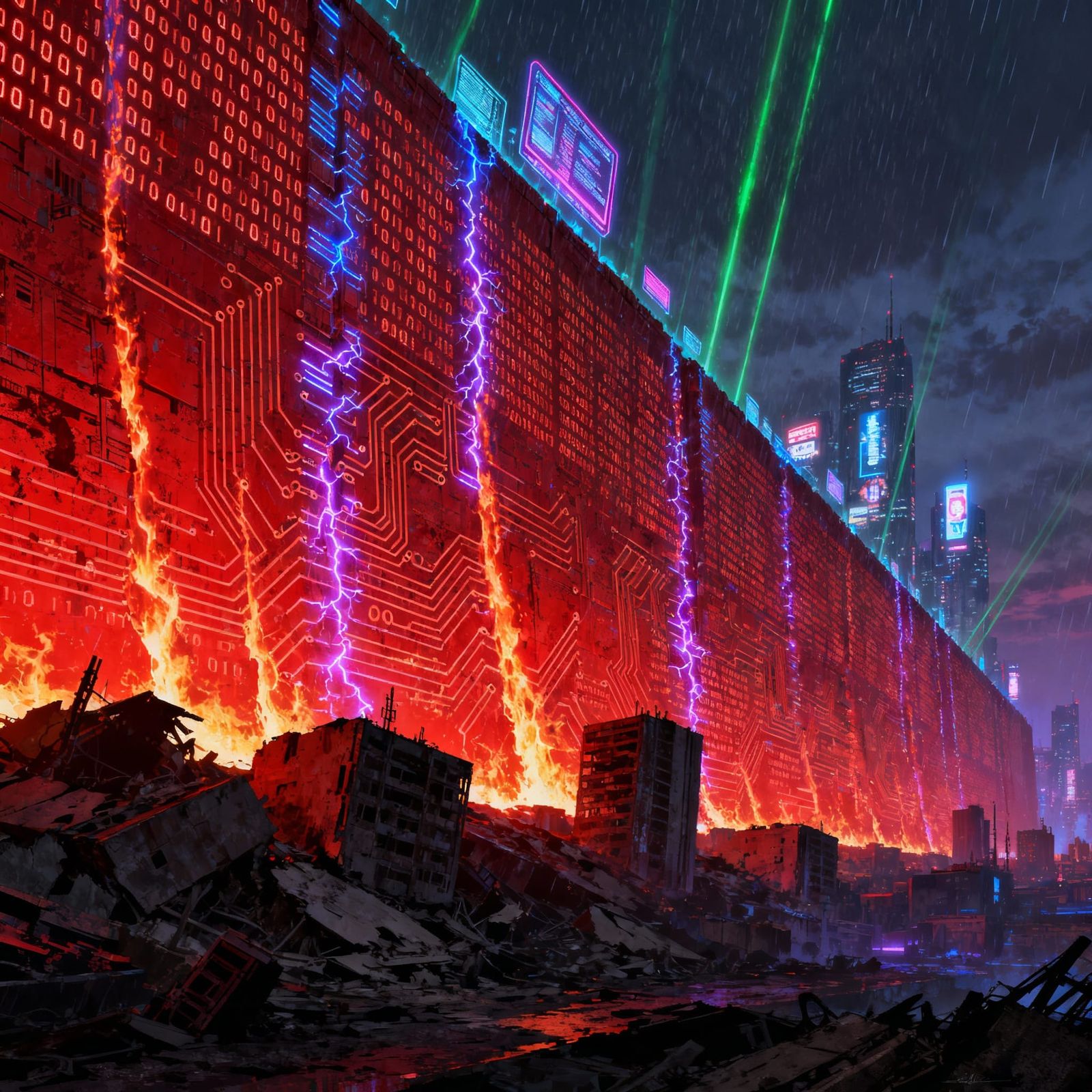 Crimson Firewall in Dystopian Cyberpunk World